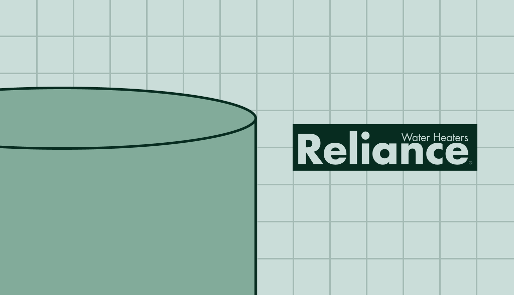 Reliance water heater illustration with green cylindrical tank on a light blue grid background and Reliance logo