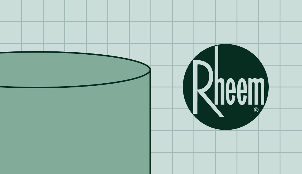 Rheem water heater illustration with green cylindrical tank on a light blue grid background and Rheem logo