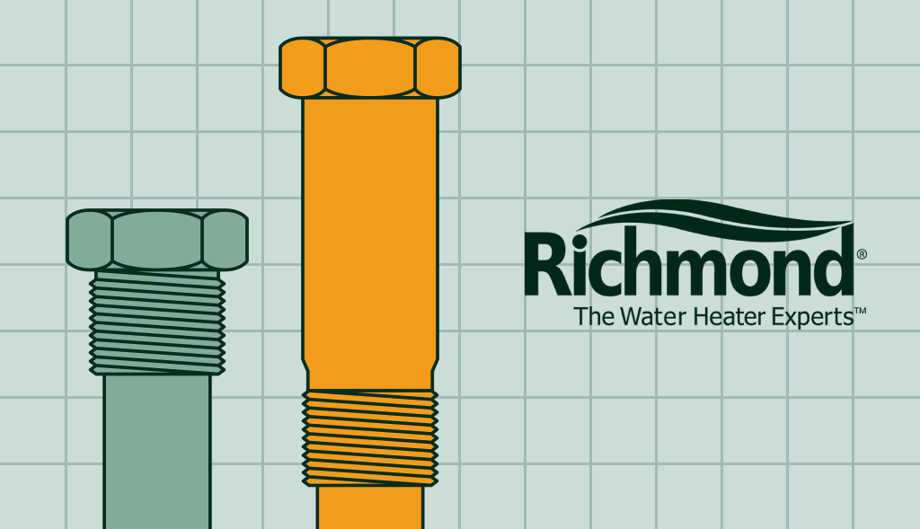 Two anode rods of different sizes next to the Richmond Water Heaters logo.: one powered anode rod at the left and standard anode rod on the right