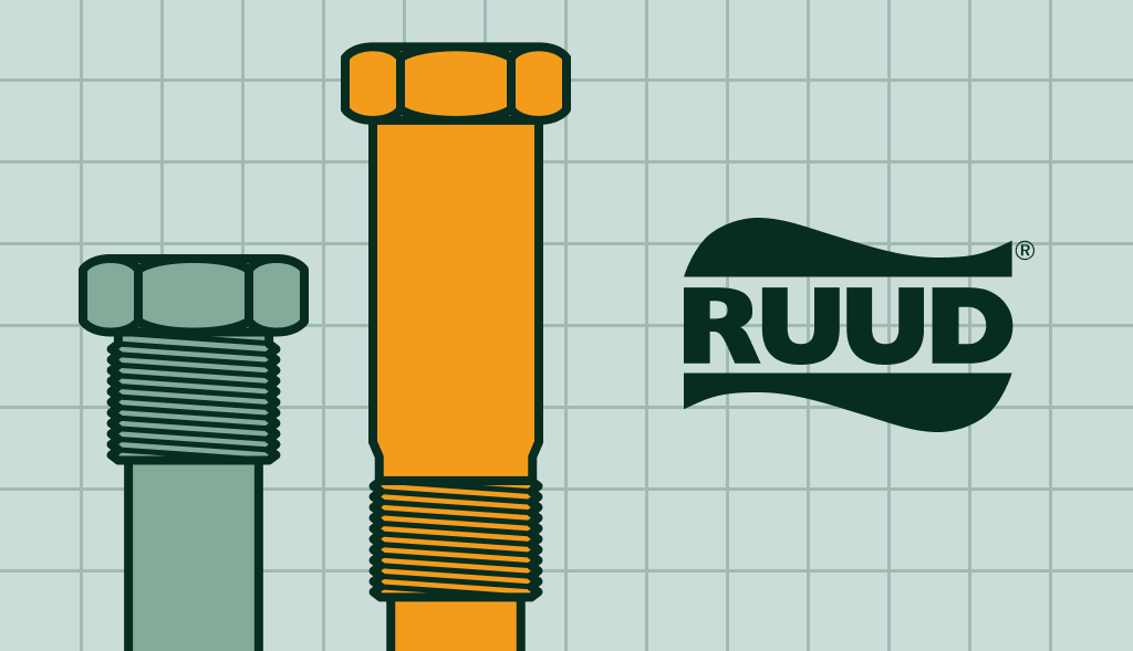 Two anode rods of different sizes next to the Ruud Water Heaters logo.: one powered anode rod at the left and standard anode rod on the right.