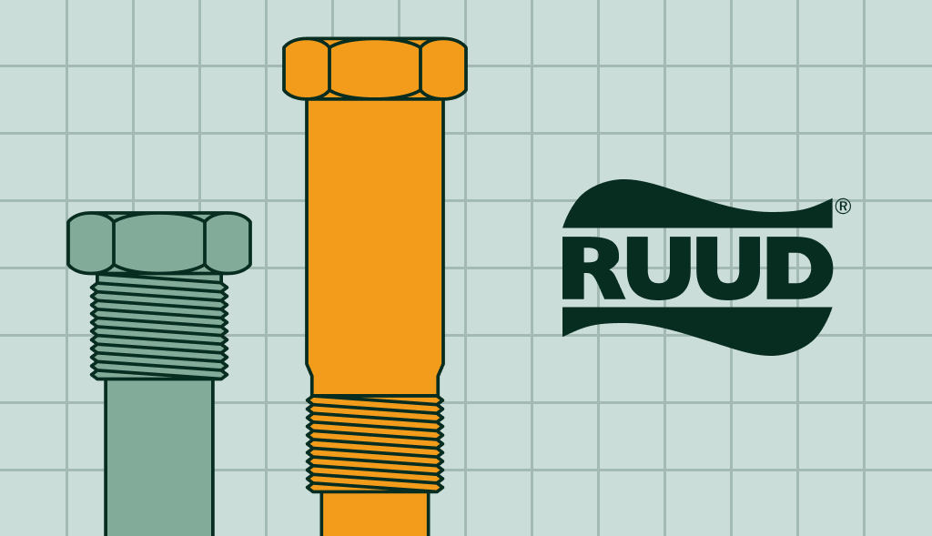 Two anode rods of different sizes next to the Ruud Water Heaters logo.: one powered anode rod at the left and standard anode rod on the right