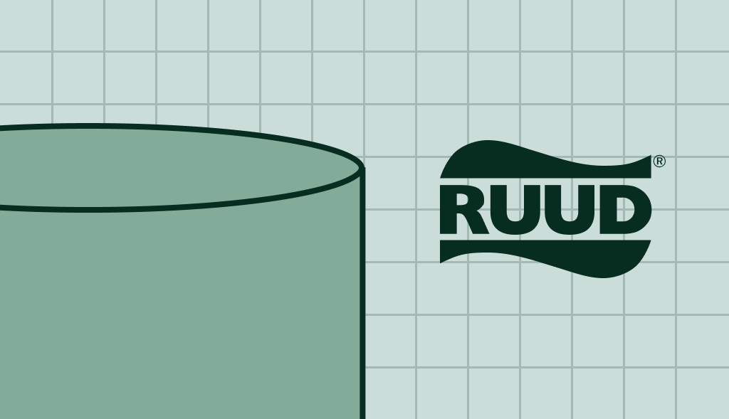 Ruud water heater illustration with green cylindrical tank on a light blue grid background and Ruud logo