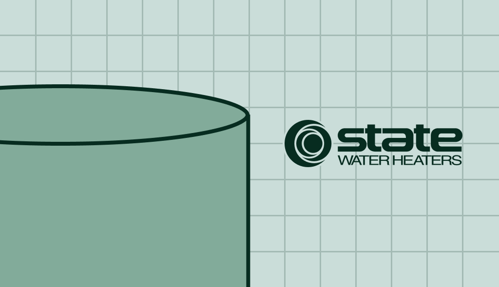 State water heater illustration with green cylindrical tank on a light blue grid background and State logo