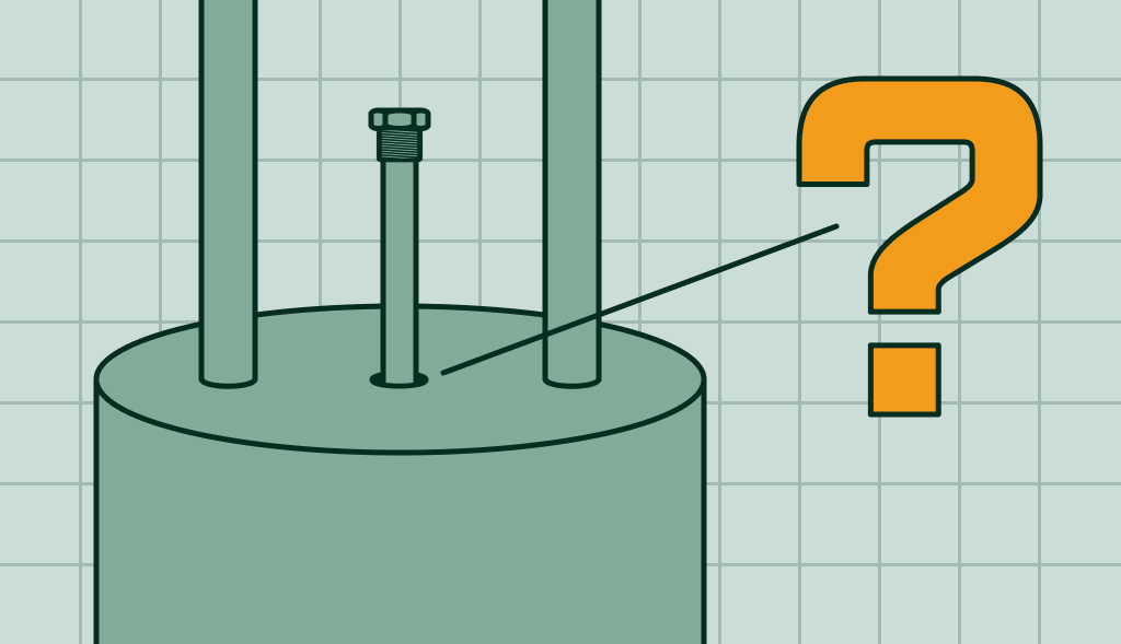 Diagram of a water heater showing the top view with three pipes; one of them, identified with a question mark, indicates the location of the anode rod.