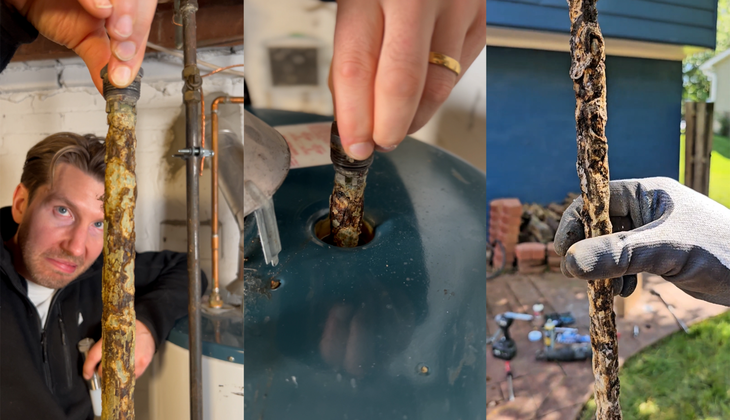 Corroded anode rods covered in rust and buildup, shown during inspection and removal from water heaters.