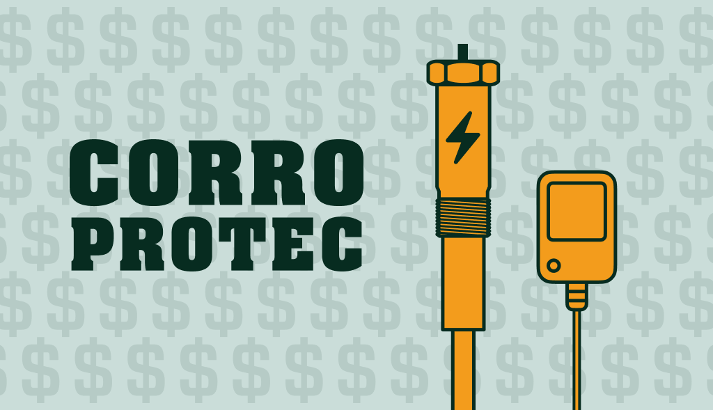 Corro-Protec powered anode rod and controller with dollar signs in background, symbolizing savings and value.