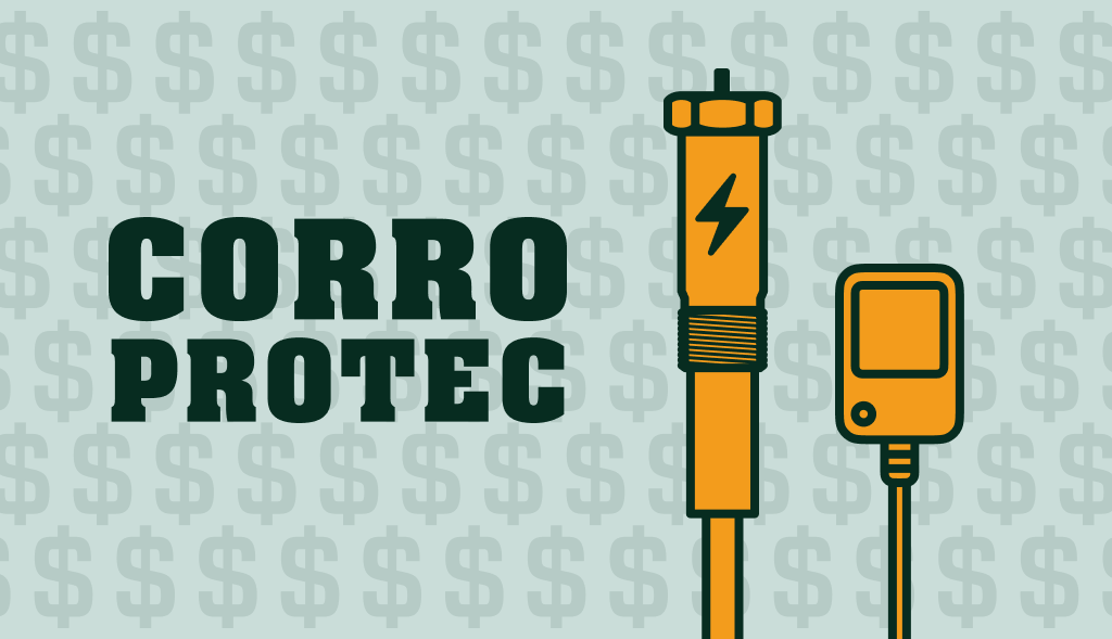Corro-Protec powered anode rod and controller with dollar signs in background, symbolizing savings and value.