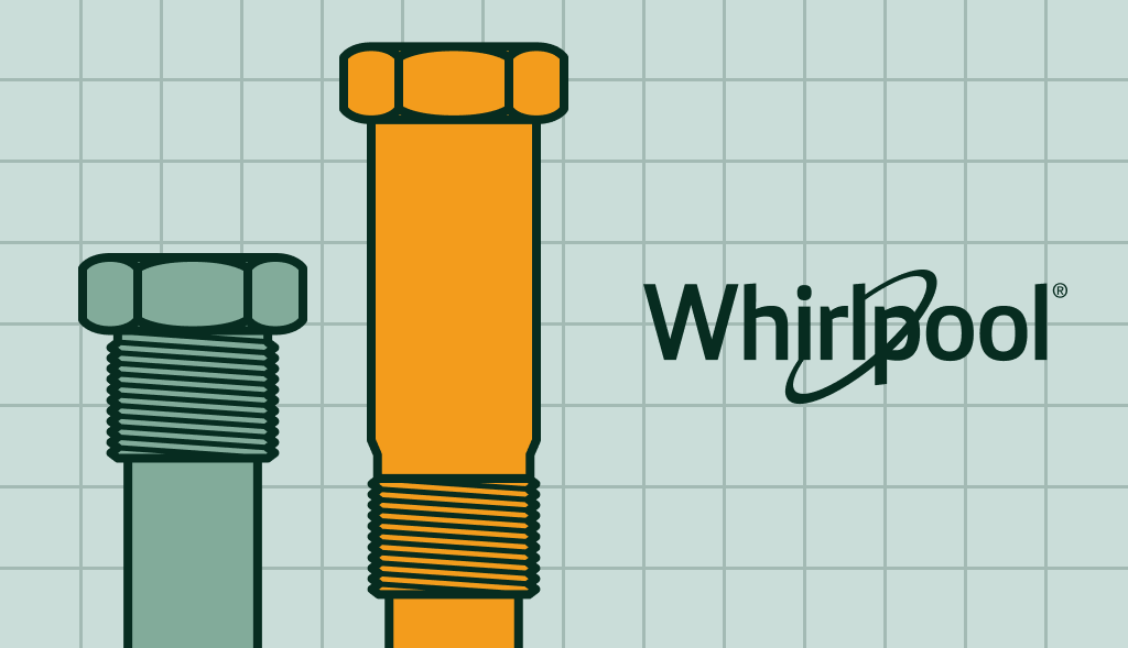Illustration of two anode rods of different sizes beside a large Whirlpool logo on a grid background.