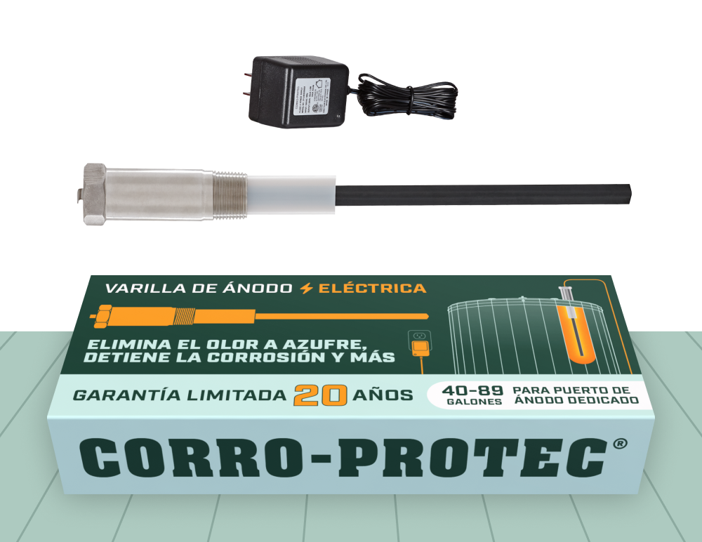 Varilla de ánodo eléctrica. Elimina olor a azufre y detiene la corrosión. Garantía 20 años. 40–89 gal. Para puerto dedicado.