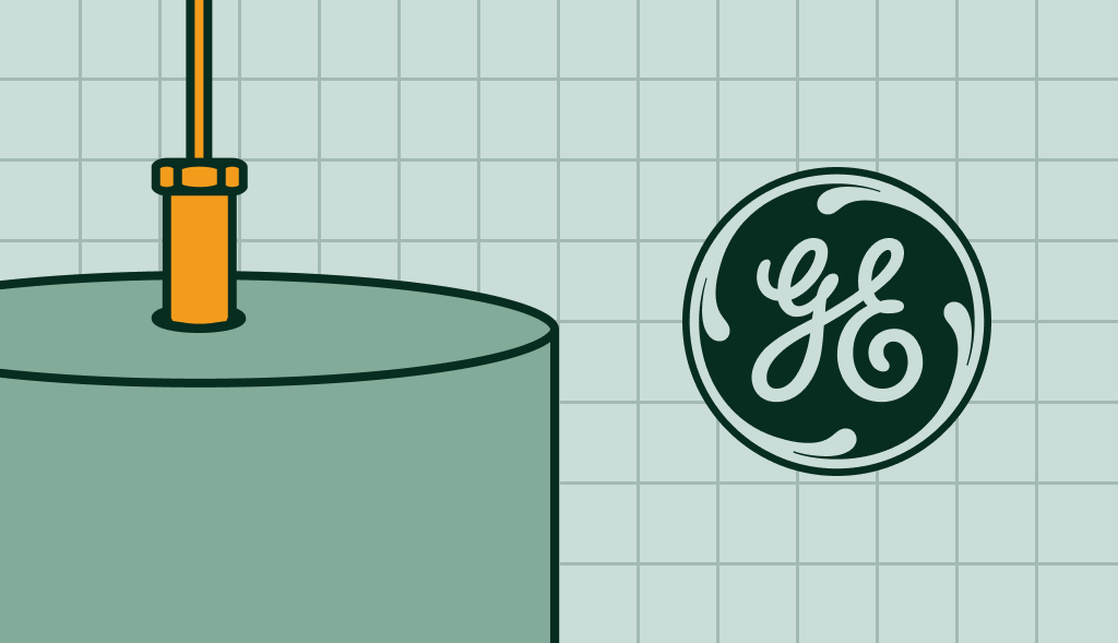 Illustration of a water heater top with a powered anode rod installed, shown next to the GE Water Heaters logo.
