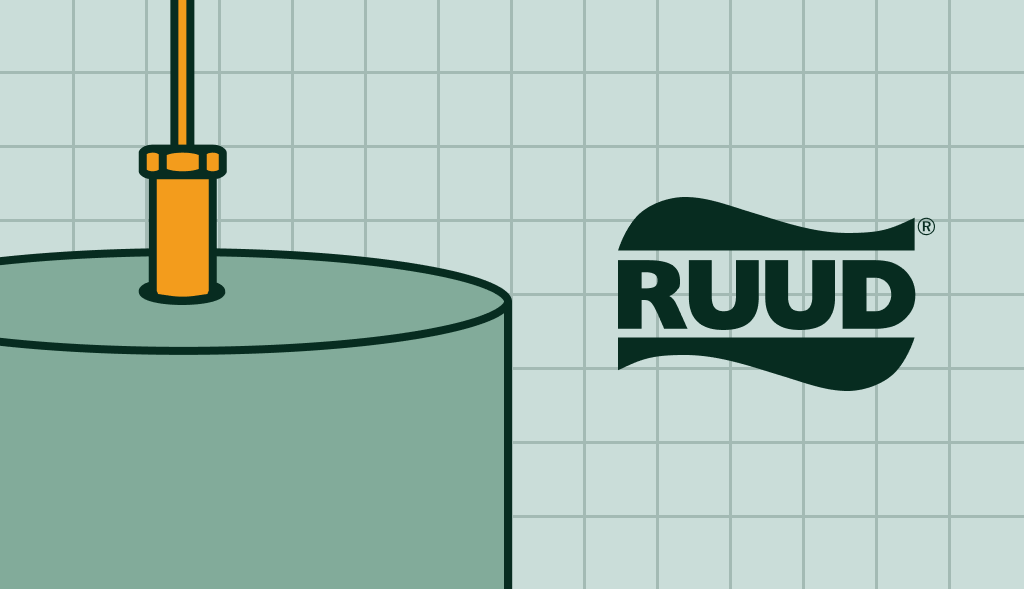 Illustration of a water heater top with a powered anode rod installed, shown next to the Ruud Water Heaters logo.