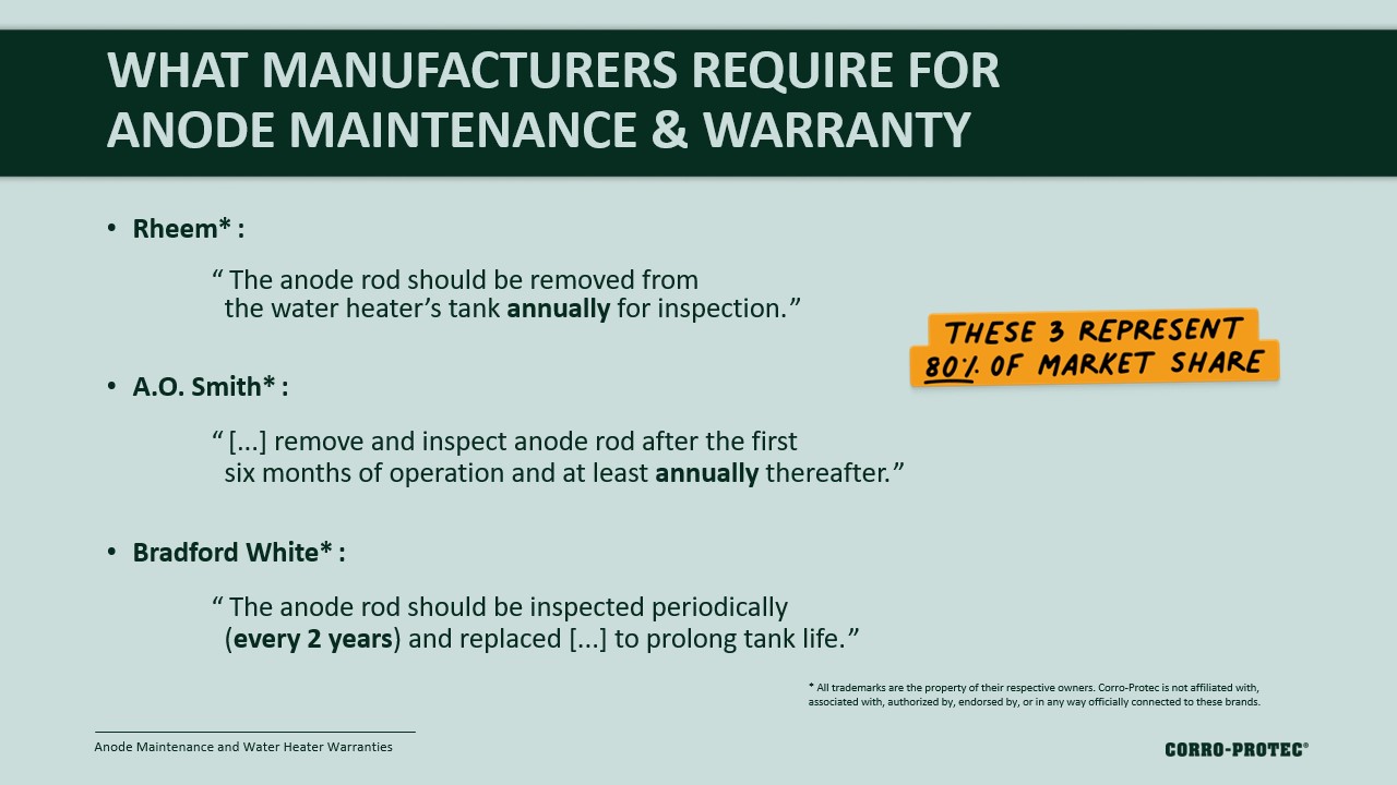 Do Powered Anode Rods Void Water Heater Warranties?  Rheem, A. O. Smith, and Bradford White Manufacturers WHAT MANUFACTURERS REQUIRE FOR​
ANODE MAINTENANCE & WARRANTY​
