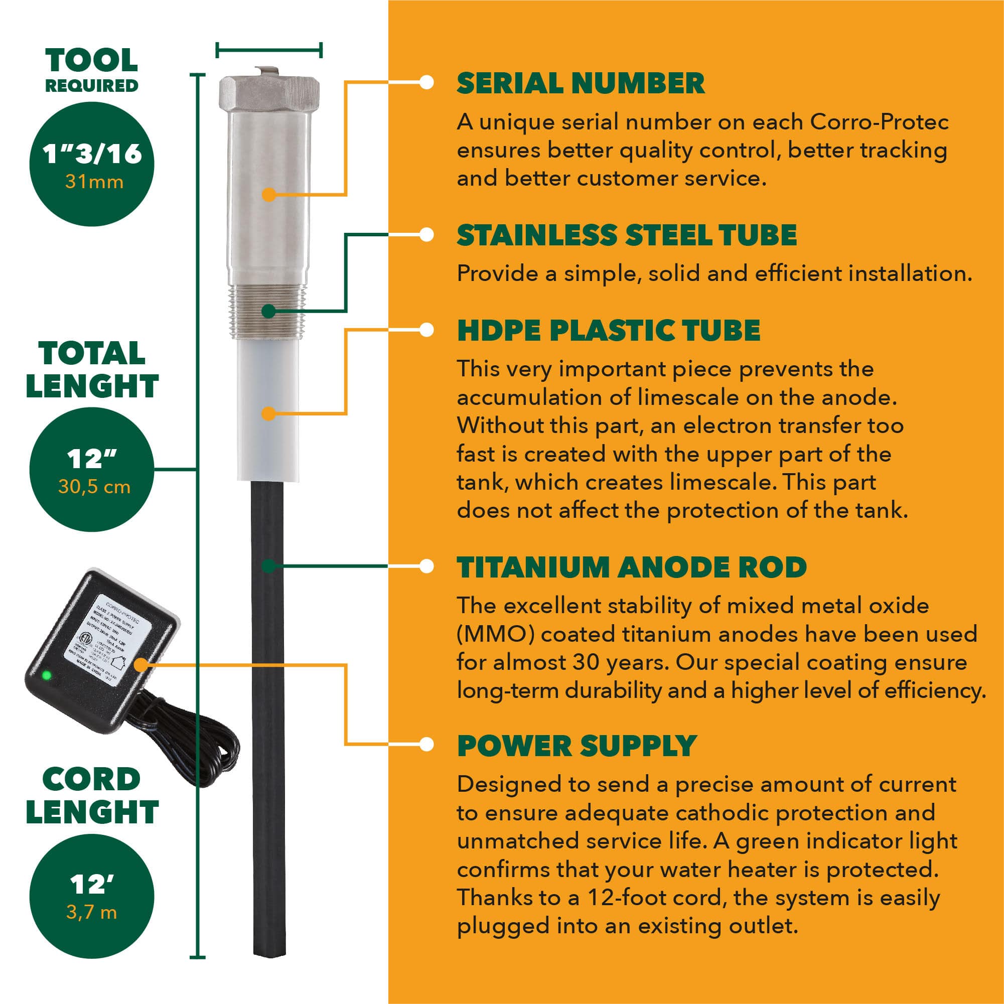 CorroProtec Powered Anode Rod 1 Water Heater Anode Rod